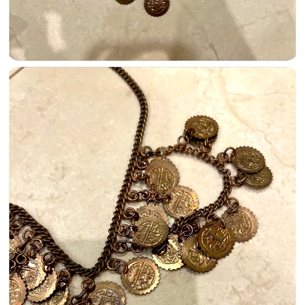 Double coin row necklace. Fashionable. Trendy.